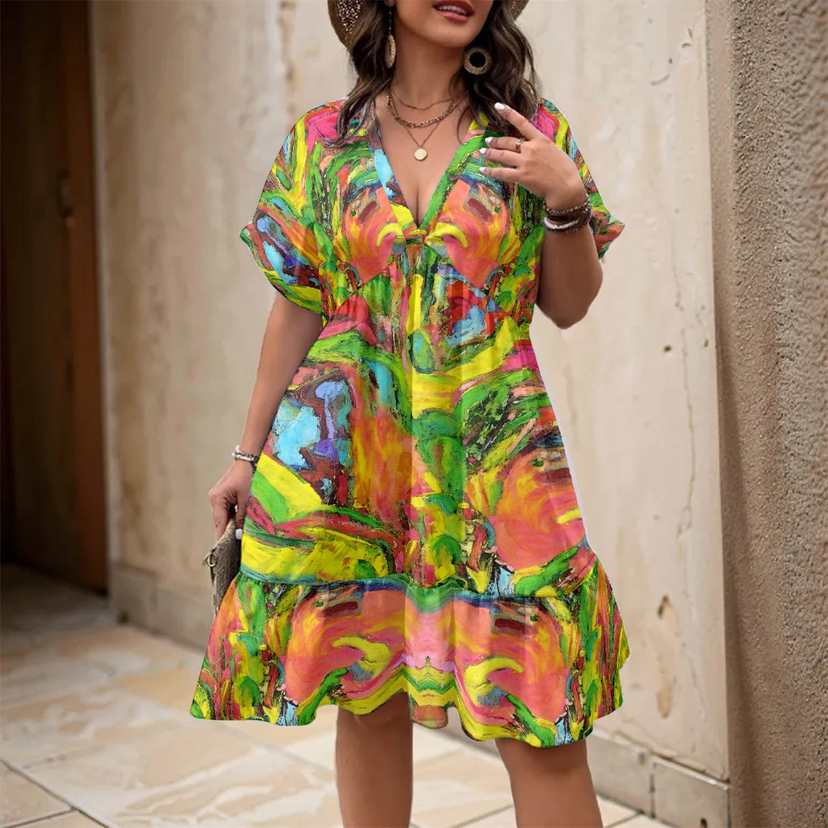 Women’s Floral V-Neck Short Sleeve Dress African Tree Collection