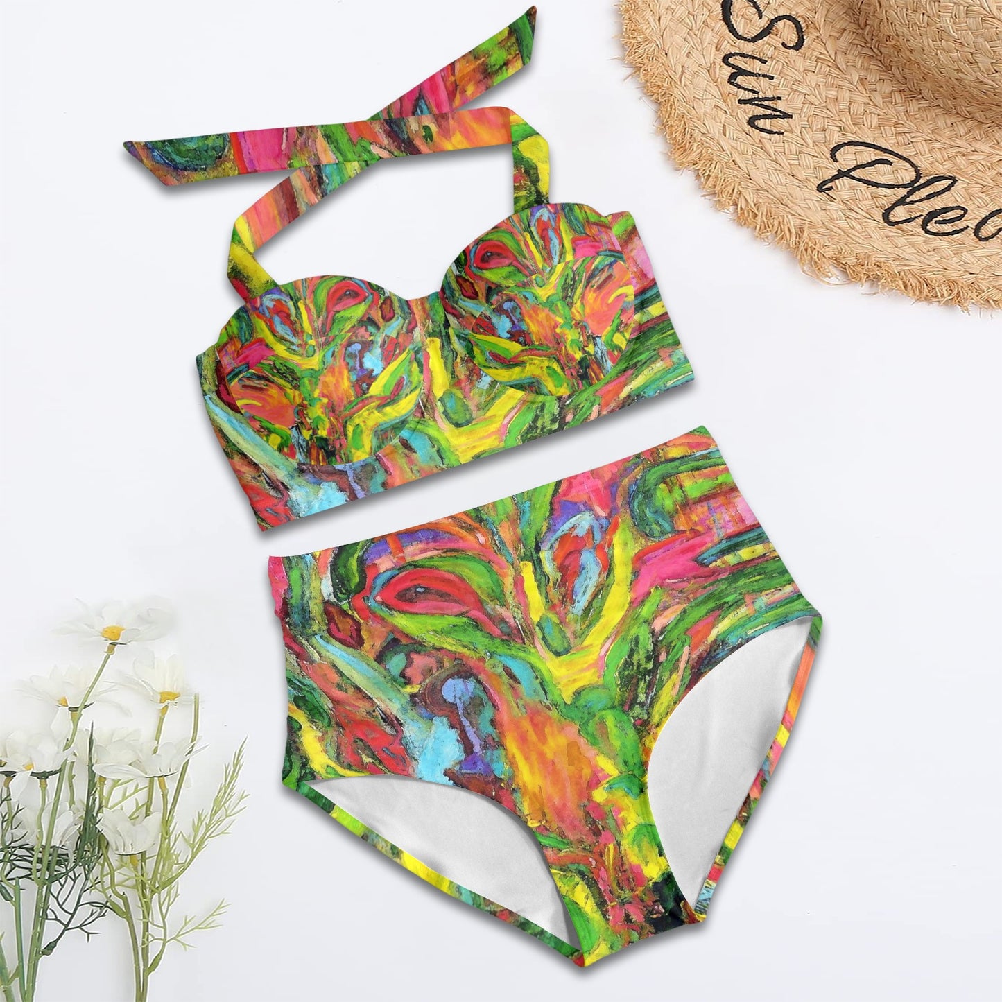 Women's Halter Neck Gather Chest Bikini Swimsuit African Tree Collection