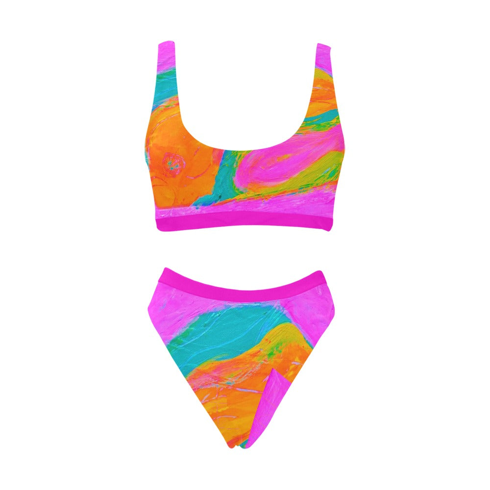 Sport Top & High-Waisted Bikini Swimsuit Hot Pink Fish Collection