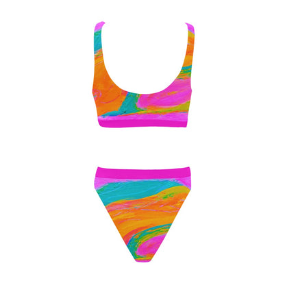 Sport Top & High-Waisted Bikini Swimsuit Hot Pink Fish Collection